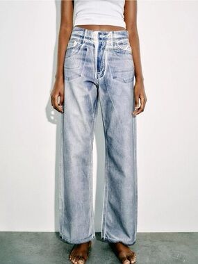 ZARA Printed Denim Jeans Wide Leg Mid Rise Loose Fit Illusion Blue White US 8